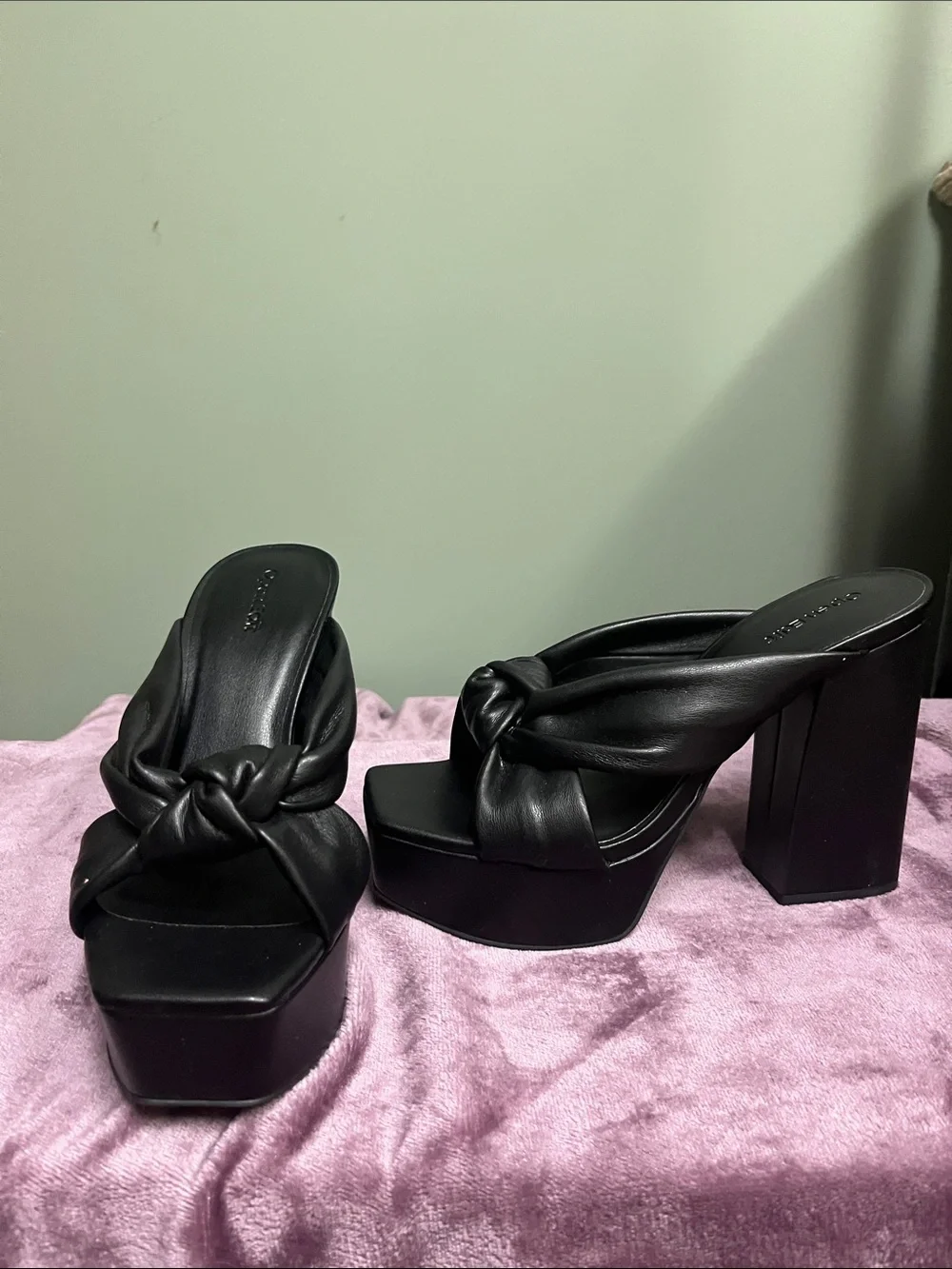 Black Knotted Platform Mule Heels - Women's Slip-On Block Platforms